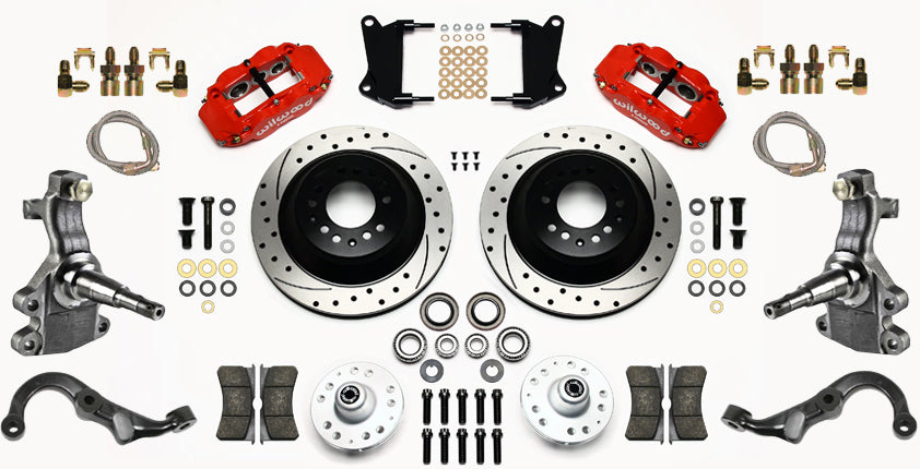 67-69 GM F-BODY FRONT DISC BRAKE KIT & 2" DROP SPINDLES & ARMS,13" DRILLED,RED