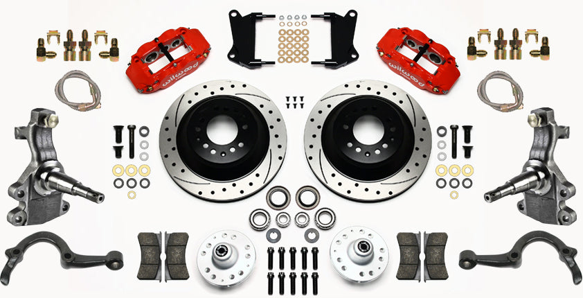 64-72 GM A-BODY FULL DISC BRAKE KIT & 2" DROP SPINDLES & ARMS,13" DRILLED,RED