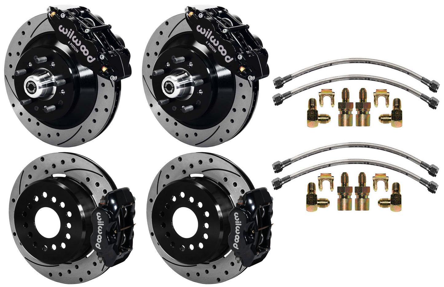 64-74 GM DISC BRAKE KIT,FRONT 13" & REAR 12" DRILLED ROTORS WITH LINES,BLACK CAL