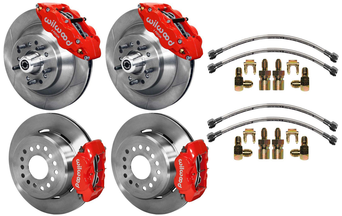 64-74 GM DISC BRAKE KIT,FRONT 13" & REAR 12" ROTORS WITH LINES,RED CALIPERS