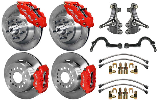 64-72 GM A-BODY FULL DISC BRAKE,2" DROP SPINDLES,ARMS,FRONT 13",REAR 12",RED