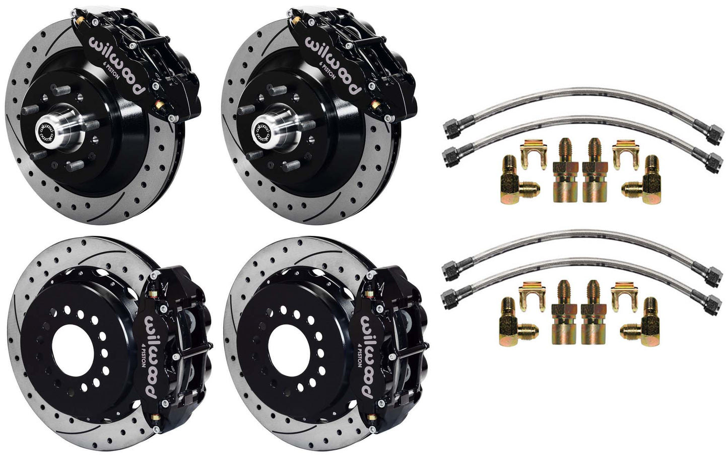 64-74 GM DISC BRAKE KIT,FRONT & REAR WITH LINES,13" DRILLED ROTORS,BLACK CALIPER