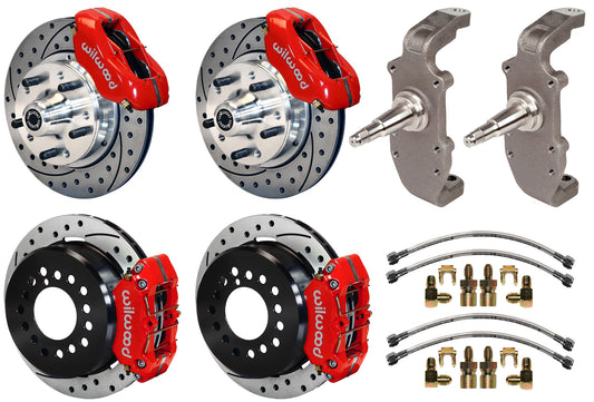 55-57 CHEVY FULL DISC BRAKE KIT,2" DROP SPINDLES,11" DRILLED,RED