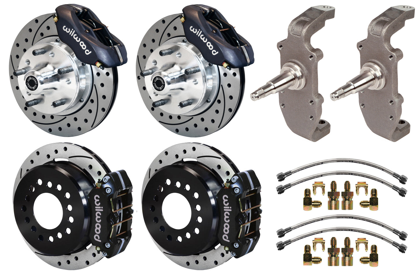 55-57 CHEVY FULL DISC BRAKE KIT,2" DROP SPINDLES,11" DRILLED,BLACK