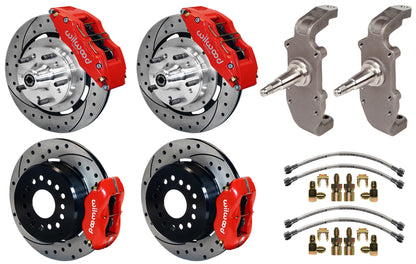 55-57 CHEVY FULL DISC BRAKE KIT,2" DROP SPINDLES,DP6,12" DRILLED,RED