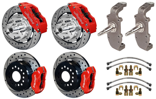 55-57 CHEVY FULL DISC BRAKE KIT,2" DROP SPINDLES,DP6,12" DRILLED,RED