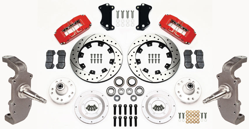 55-57 CHEVY FULL DISC BRAKE KIT,2" DROP SPINDLES,DP6,12" DRILLED,RED