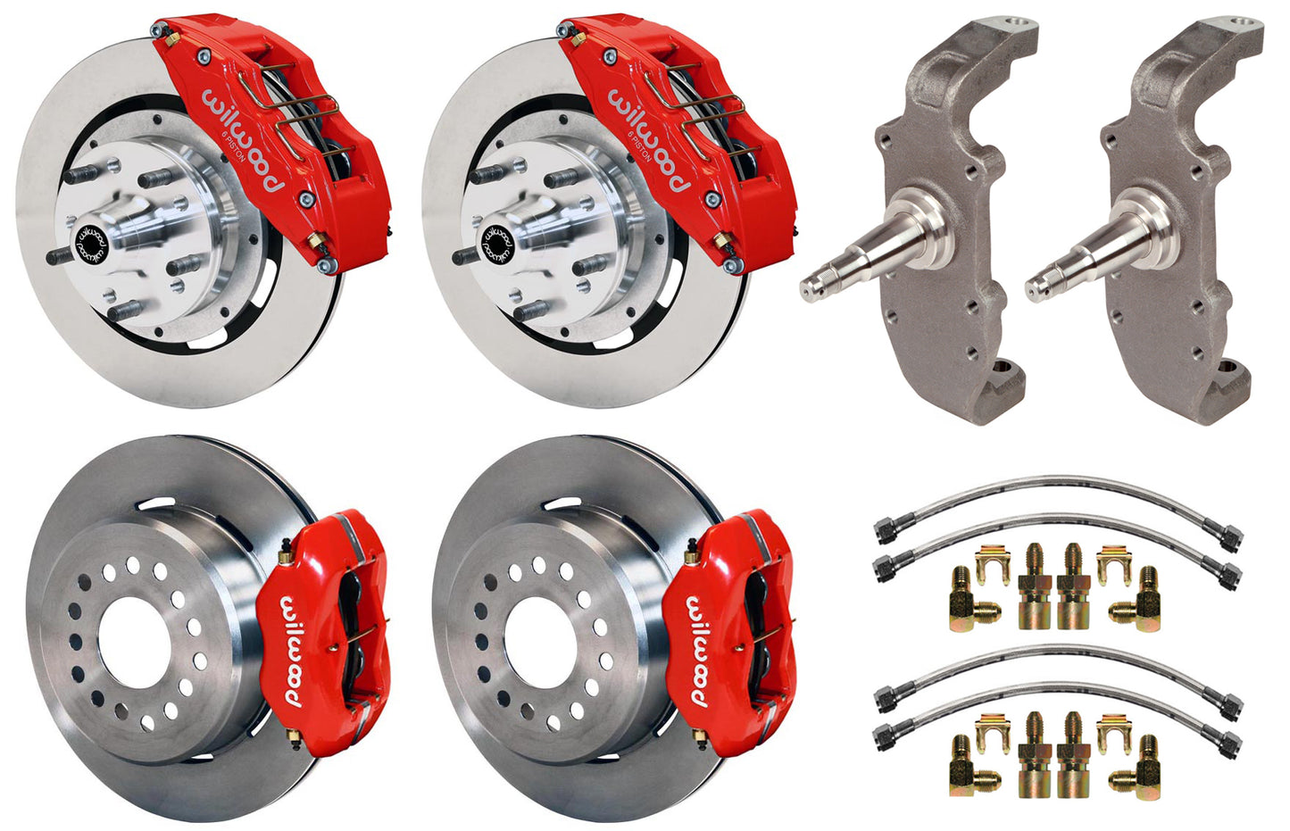 55-57 CHEVY FULL DISC BRAKE KIT,2" DROP SPINDLES,DP6,12" ROTORS,RED