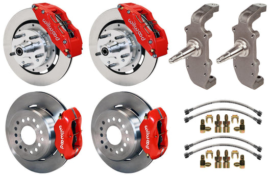 55-57 CHEVY FULL DISC BRAKE KIT,2" DROP SPINDLES,DP6,12" ROTORS,RED