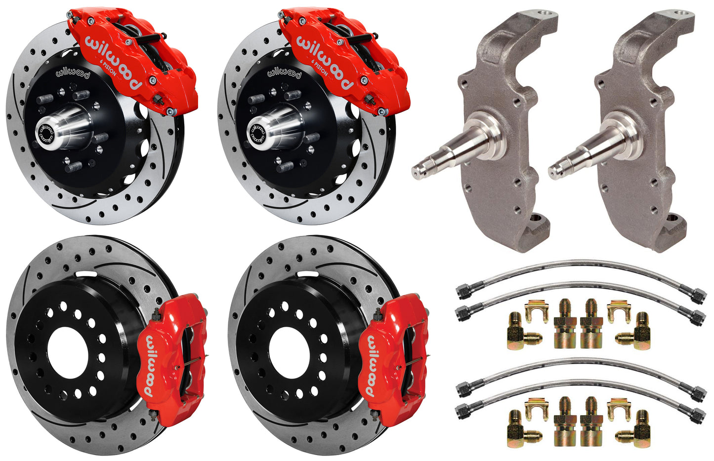 55-57 CHEVY FULL DISC BRAKE KIT,2" DROP SPINDLES,13"/12" DRILLED,RED