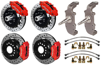 55-57 CHEVY FULL DISC BRAKE KIT,2" DROP SPINDLES,13"/12" DRILLED,RED
