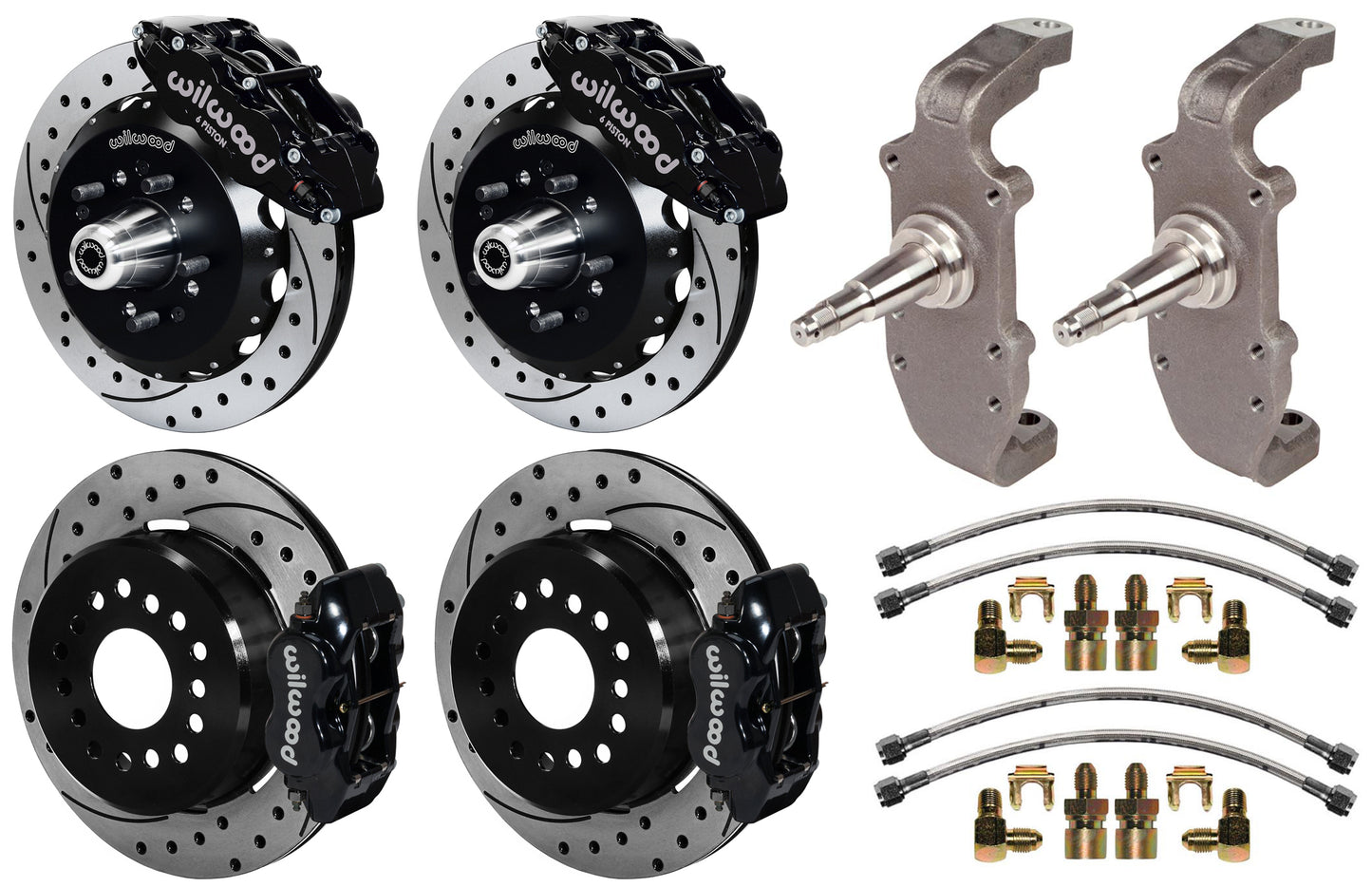 55-57 CHEVY FULL DISC BRAKE KIT,2" DROP SPINDLES,13"/12" DRILLED,BLACK