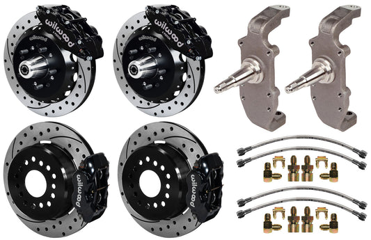 55-57 CHEVY FULL DISC BRAKE KIT,2" DROP SPINDLES,13"/12" DRILLED,BLACK