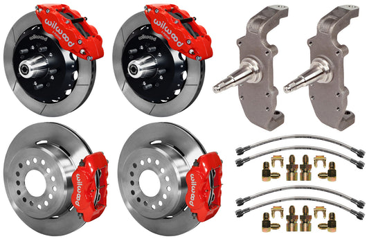 55-57 CHEVY FULL DISC BRAKE KIT,2" DROP SPINDLES,13"/12" ROTORS,RED