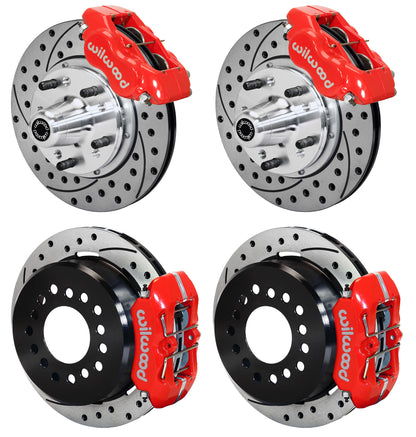 59-64 B-BODY FULL DISC BRAKE KIT,11" DRILLED ROTORS,RED CALIPERS