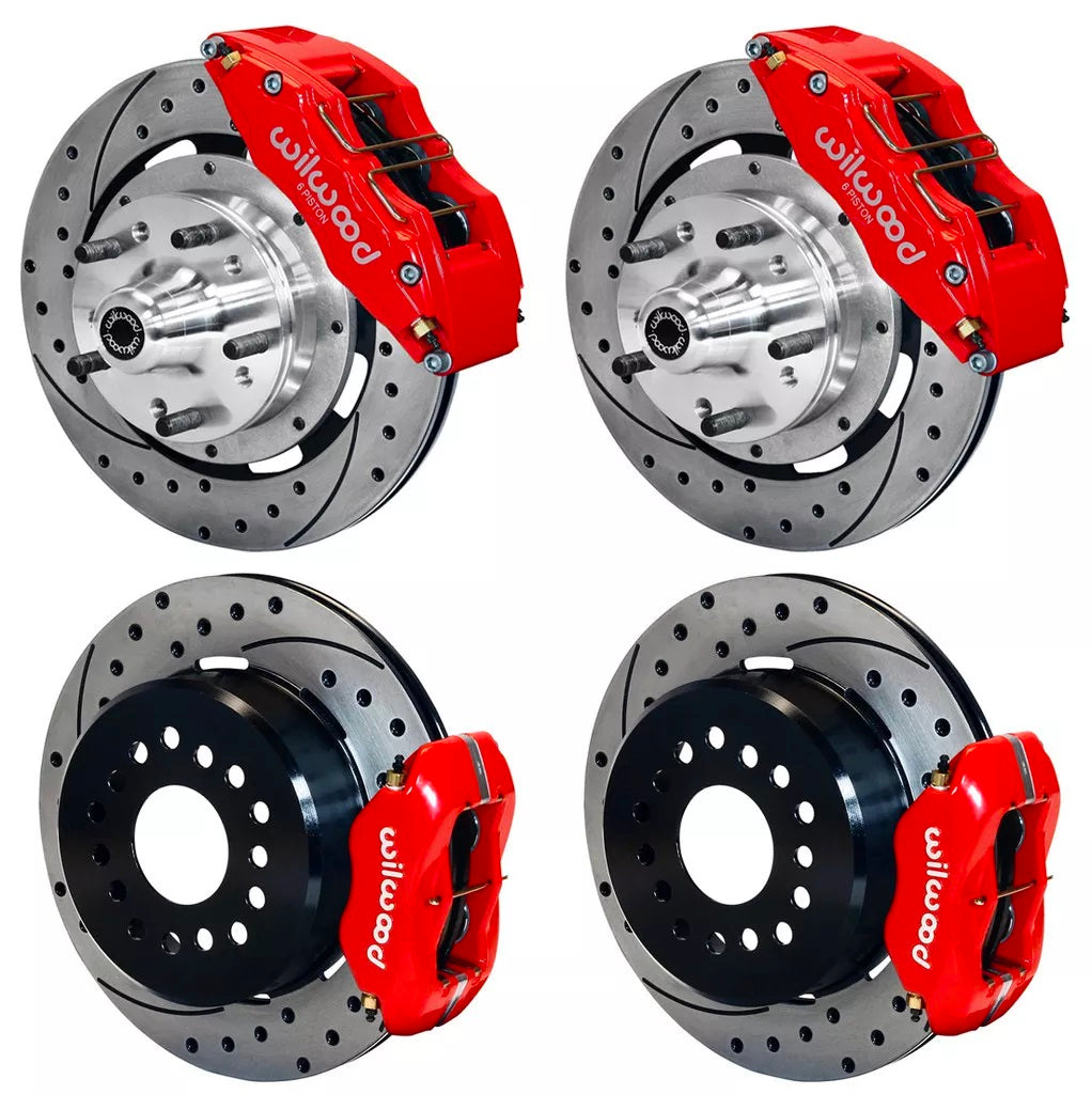 70-73 FORD,MERCURY FULL DISC BRAKE KIT,12" DRILLED ROTORS,6/4 PISTON RED