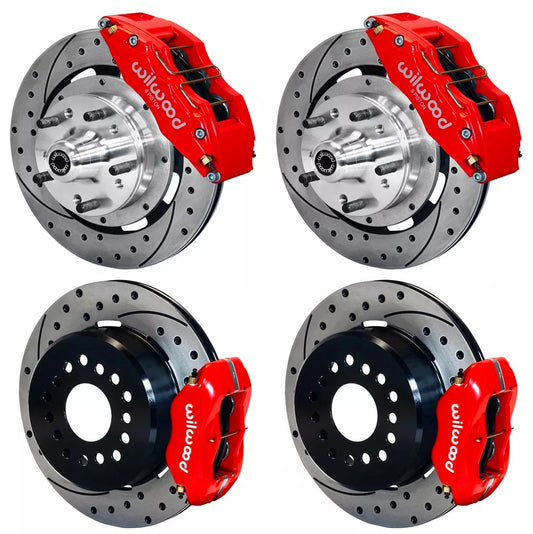 70-73 FORD,MERCURY FULL DISC BRAKE KIT,12" DRILLED ROTORS,6/4 PISTON RED
