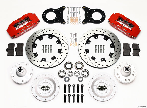 65-69 FORD,MERCURY FULL DISC BRAKE KIT,12" DRILLED ROTORS,6/4 PISTON RED