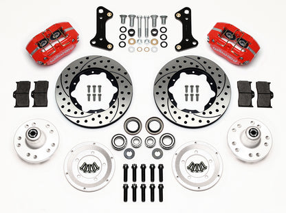 64-74 GM FRONT DISC BRAKE KIT,11" DRILLED ROTORS,4 PISTON DP DUST BOOT RED CALIP