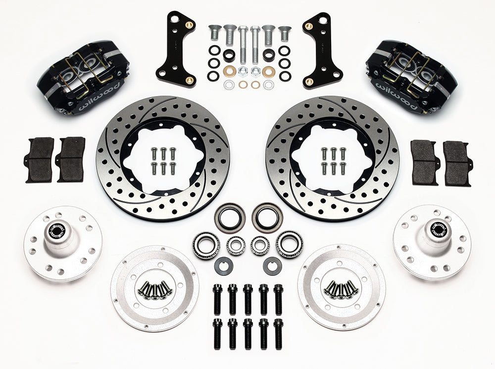 64-74 GM FRONT DISC BRAKE KIT,11" DRILLED ROTORS,4 PISTON DP DUST BOOT BLACK CAL