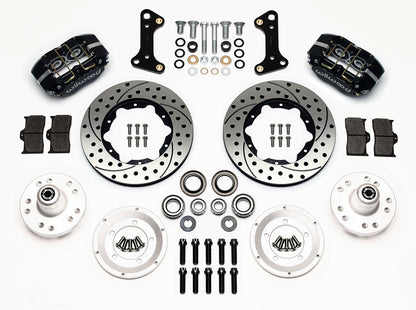 64-74 GM FRONT DISC BRAKE KIT,11" DRILLED ROTORS,4 PISTON DP DUST BOOT BLACK CAL