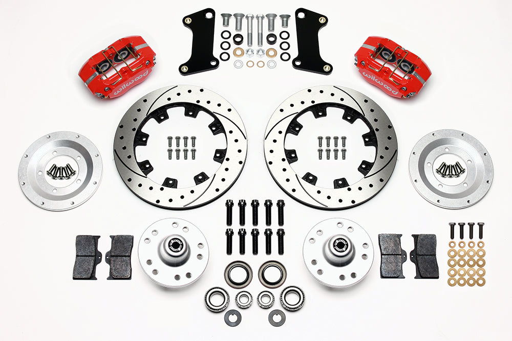 64-74 GM FRONT DISC BRAKE KIT,12.19" DRILLED ROTORS,4 PISTON DP DUST BOOT RED