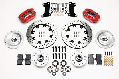 64-74 GM FRONT DISC BRAKE KIT,12.19" DRILLED ROTORS,4 PISTON DP DUST BOOT RED