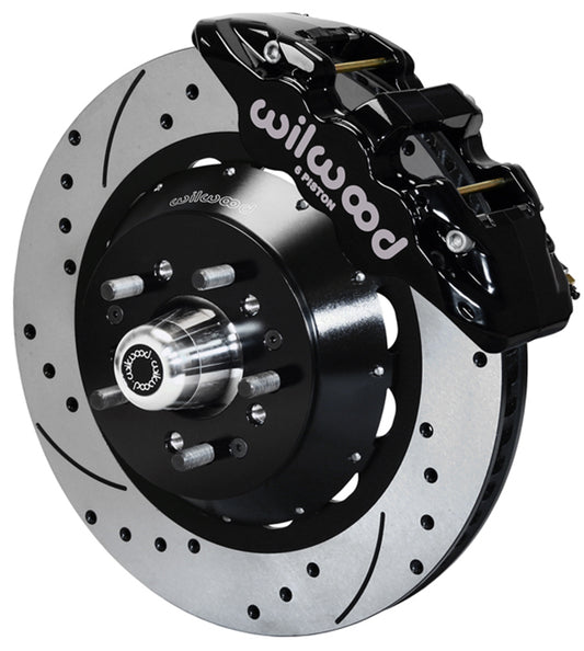 64-74 GM FRONT DISC BRAKE KIT,15" DRILLED ROTORS,6 PISTON AERO6 BLACK CALIPERS