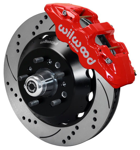 64-74 GM FRONT DISC BRAKE KIT,15" DRILLED ROTORS,6 PISTON AERO6 RED CALIPERS