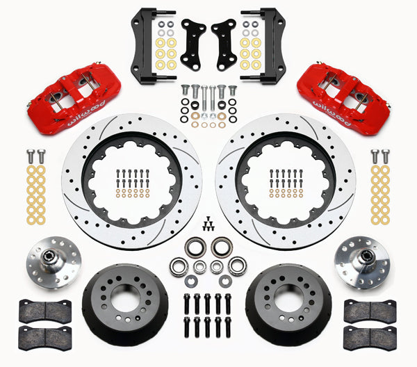 64-74 GM FRONT DISC BRAKE KIT,15" DRILLED ROTORS,6 PISTON AERO6 RED CALIPERS