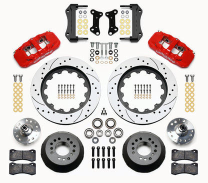 64-74 GM FRONT DISC BRAKE KIT,15" DRILLED ROTORS,6 PISTON AERO6 RED CALIPERS