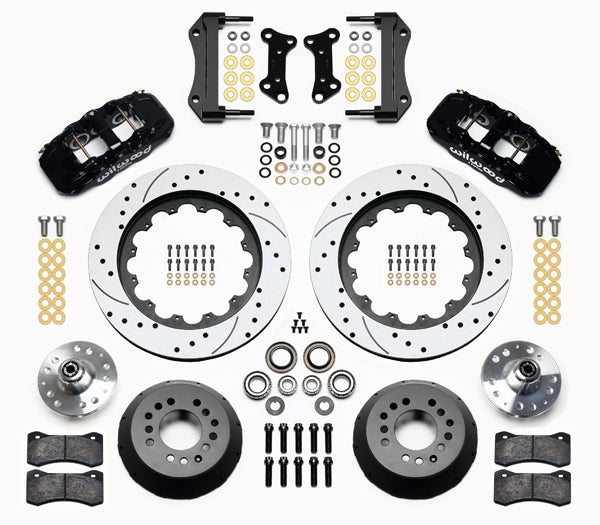 64-74 GM FRONT DISC BRAKE KIT,15" DRILLED ROTORS,6 PISTON AERO6 BLACK CALIPERS