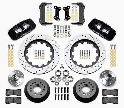 64-74 GM FRONT DISC BRAKE KIT,15" DRILLED ROTORS,6 PISTON AERO6 BLACK CALIPERS