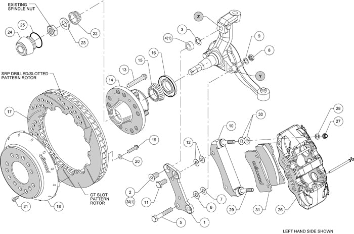 64-74 GM FRONT DISC BRAKE KIT,15" DRILLED ROTORS,6 PISTON AERO6 RED CALIPERS