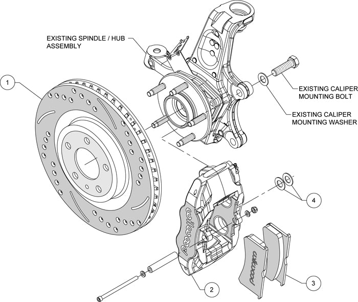 97-13 CORVETTE C5,C6 FRONT 4 PISTON CALIPER, PAD & DRILLED 12.8" ROTOR SET,RED