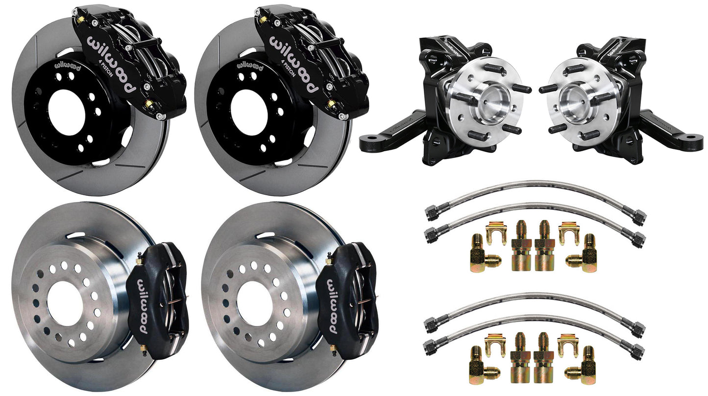 71-87 CHEVY C10 FULL DISC BRAKE KIT & WILWOOD ALUM DROP SPINDLES,12" ROTORS,BLCK