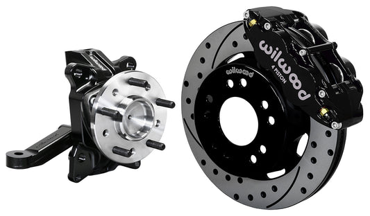 71-87 CHEVY C10 FRONT DISC BRAKE KIT & WILWOOD ALUM DROP SPINDLES,12" DRILL,BLCK