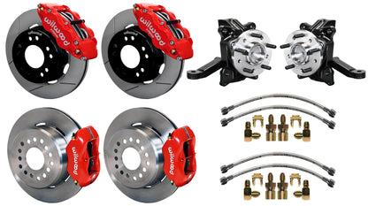 71-87 CHEVY C10 FULL DISC BRAKE KIT & WILWOOD ALUM DROP SPINDLES,12" ROTORS,RED