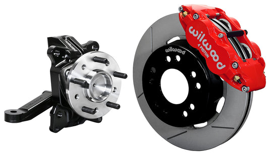 71-87 CHEVY C10 FRONT DISC BRAKE KIT & WILWOOD ALUM DROP SPINDLES,12" ROTORS,RED