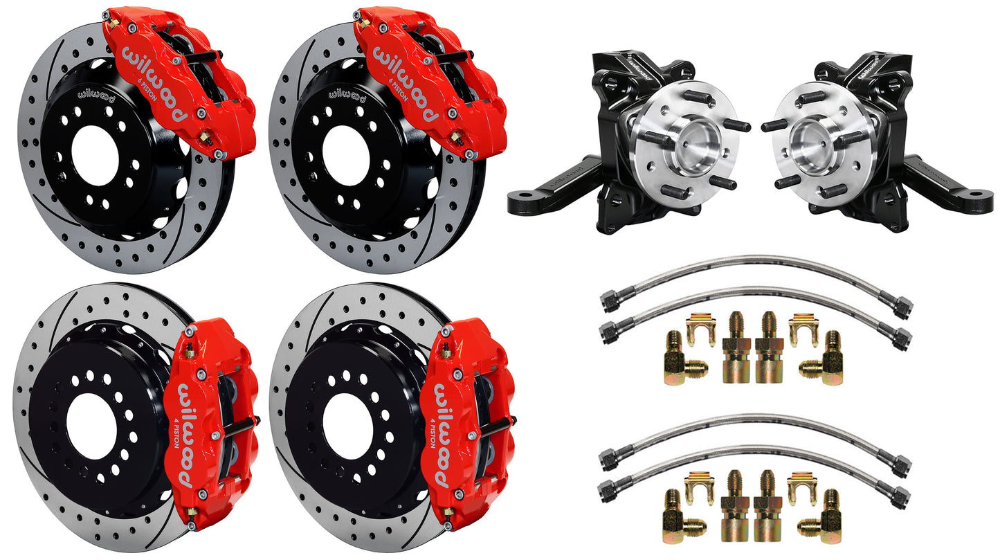 63-70 CHEVY C10 FULL DISC BRAKE KIT & WILWOOD ALUM DROP SPINDLES,13" DRILLED,RED