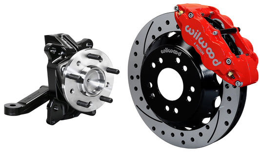 63-70 CHEVY C10 FRONT DISC BRAKE KIT & WILWOOD ALUM DROP SPINDLES,13" DRILL,RED
