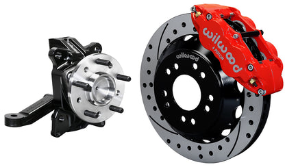 71-87 CHEVY C10 FRONT DISC BRAKE KIT & WILWOOD ALUM DROP SPINDLES,13" DRILL,RED