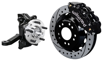 71-87 CHEVY C10 FRONT DISC BRAKE KIT & WILWOOD ALUM DROP SPINDLES,13" DRILL,BLCK