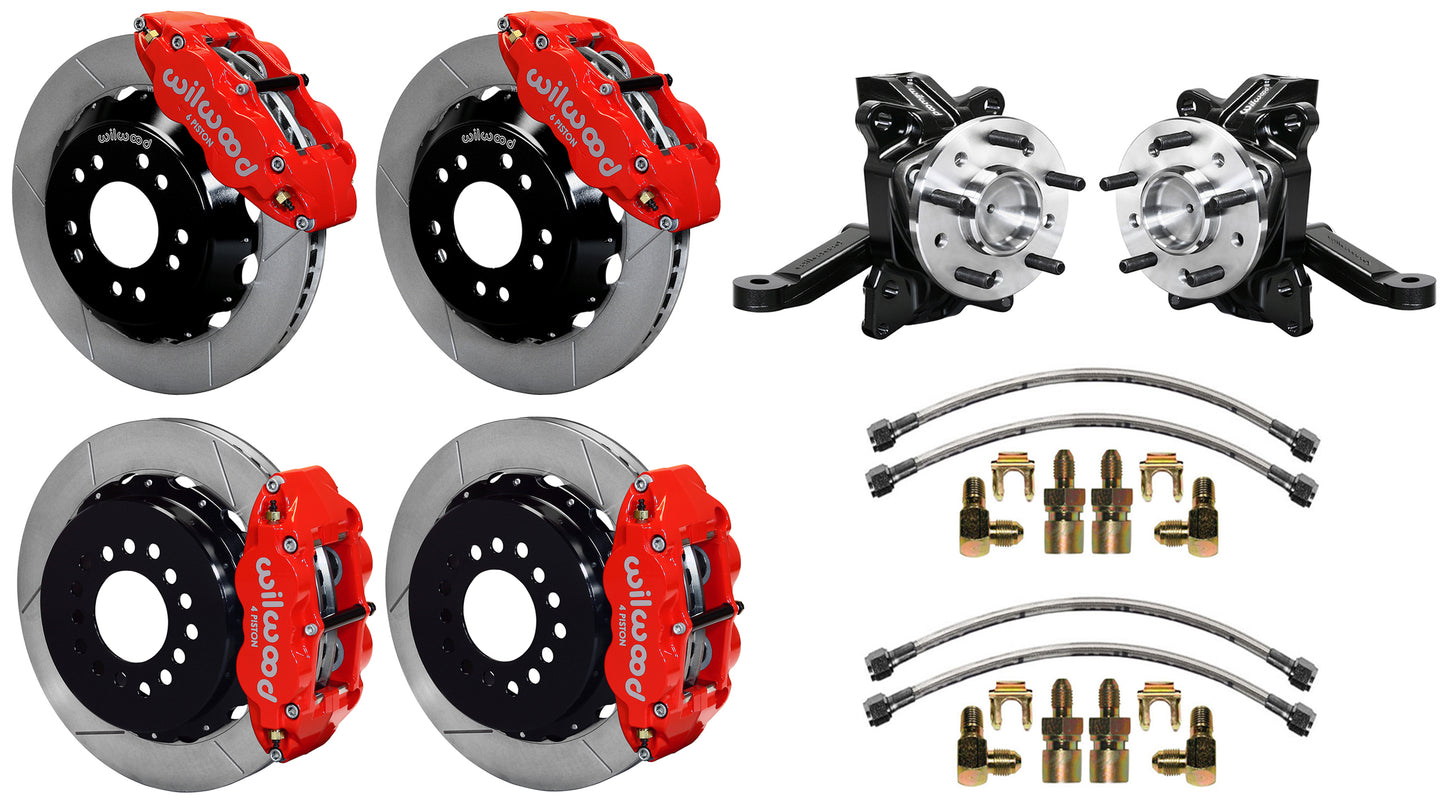 71-87 CHEVY C10 FULL DISC BRAKE KIT & WILWOOD ALUM DROP SPINDLES,13" ROTORS,RED