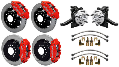 71-87 CHEVY C10 FULL DISC BRAKE KIT & WILWOOD ALUM DROP SPINDLES,13" ROTORS,RED