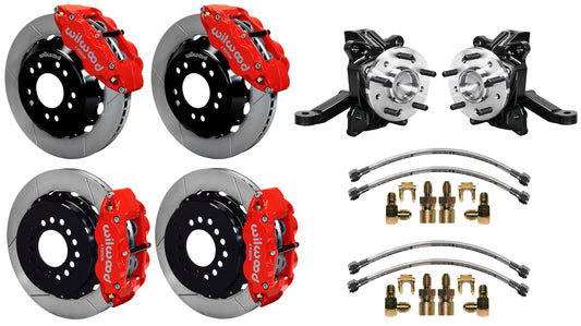 71-87 CHEVY C10 FULL DISC BRAKE KIT & WILWOOD ALUM DROP SPINDLES,13" ROTORS,RED