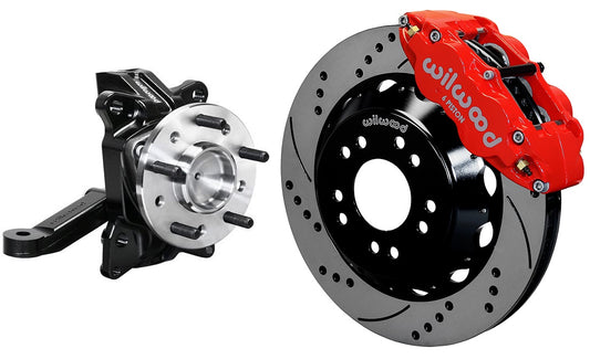 63-70 CHEVY C10 FRONT DISC BRAKE KIT & WILWOOD ALUM DROP SPINDLES,14" DRILL,RED
