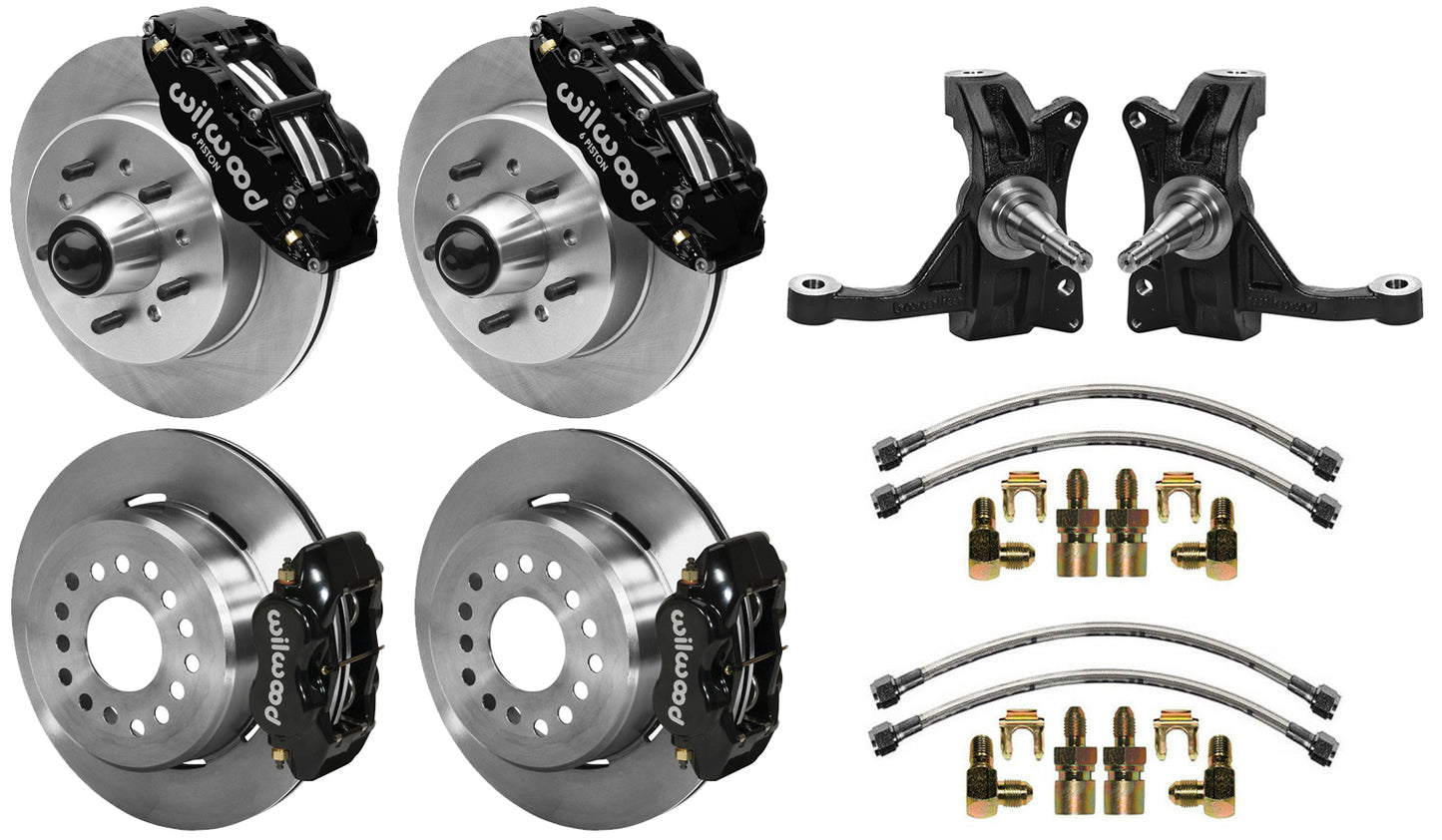 71-87 CHEVY C10 FULL DISC BRAKE KIT & WILWOOD IRON DROP SPINDLES,12" ROTORS,BLCK