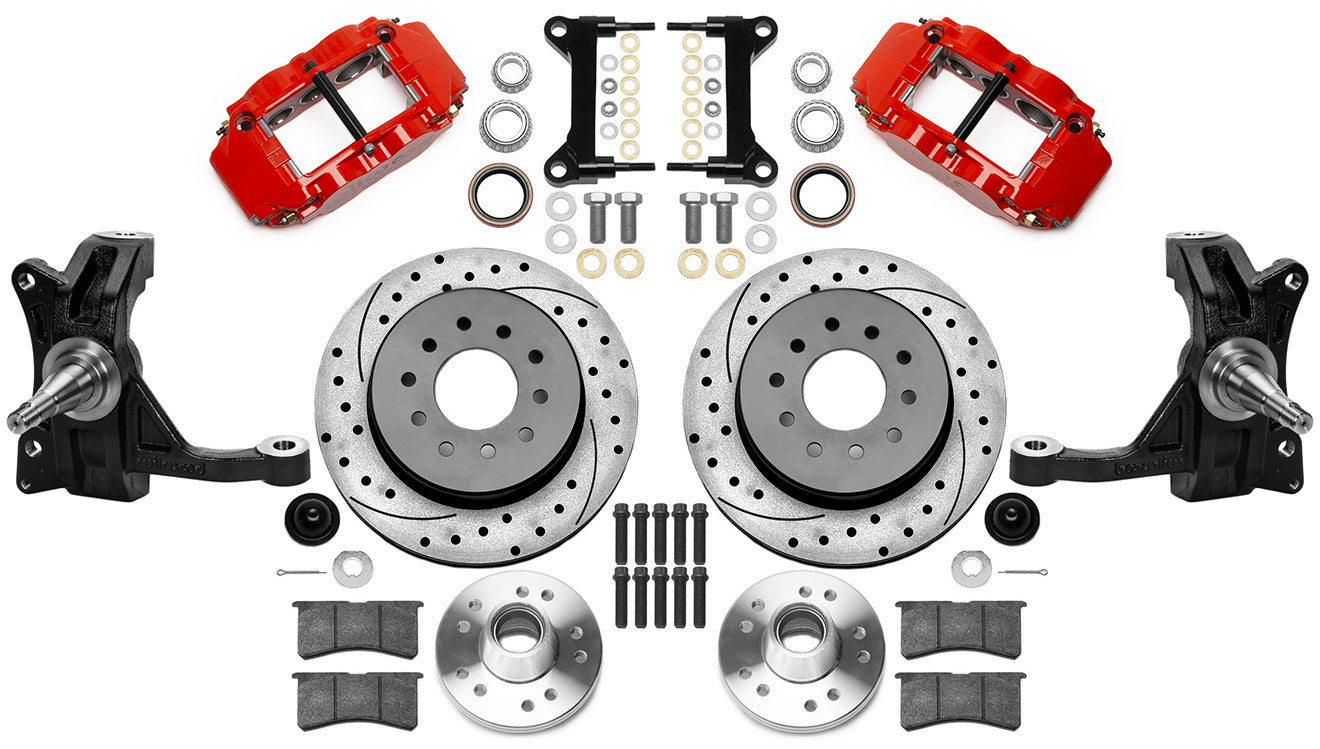 63-70 CHEVY C10 FULL DISC BRAKE KIT & WILWOOD IRON DROP SPINDLES,12" DRILLED,RED