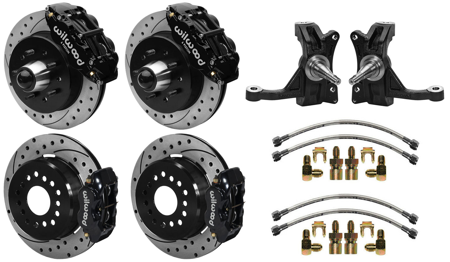 63-70 CHEVY C10 FULL DISC BRAKE KIT & WILWOOD IRON DROP SPINDLES,12" DRILLED,BLK